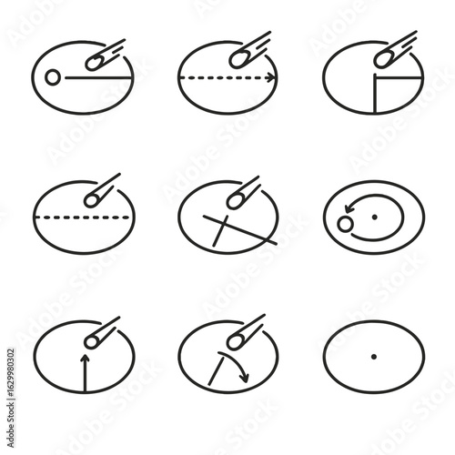 Comet Orbit Icon Set. Outline icon set of comet orbital elements: perihelion, aphelion, semi-major axis, eccentricity, inclination