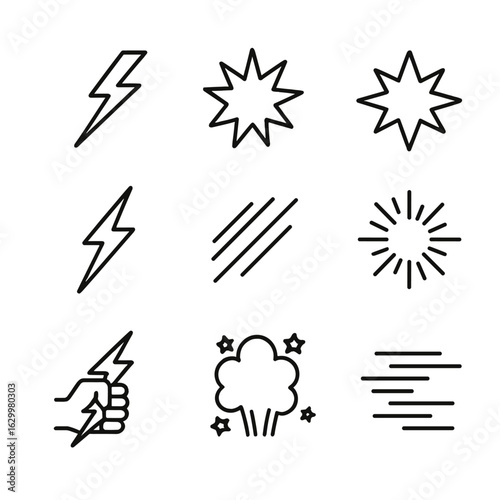 Comic Flash Icon Set. Outline icon set of flash in comics and cartoons: speed flash, impact burst, starburst, electric shock,