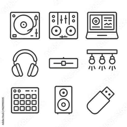 DJ Equipment Icon Set. Outline icon set of DJ setup: DJ turntable, mixer controller, laptop with music software, headphones,