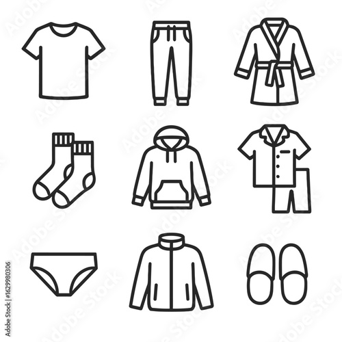 Comfort Clothing Icons. Outline icon set of comfort clothing: loose t-shirt, sweatpants, bathrobe, wool socks, hoodie, sleepwear,