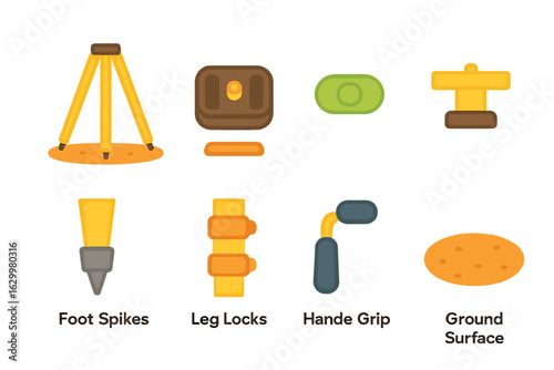 Camera Equipment Icons. Flat vector mini-illustrations tripod setup for stability in colors children's illustrations: wooden