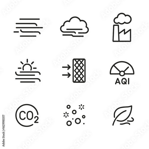 Climate Icons Grid. Outline icon set of climate and air quality: fog, smog, pollution, haze, air filter, AQI index, CO2 icon, dust