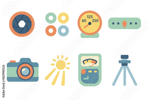 Camera Settings Icons. Flat vector mini-illustrations aperture and shutter speed settings in colors children's illustrations:
