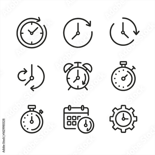 Clock Icon Set. Outline icon set of clock turn: clock hands, minute hand turn, hour hand turn, second hand, alarm bell, timer dial