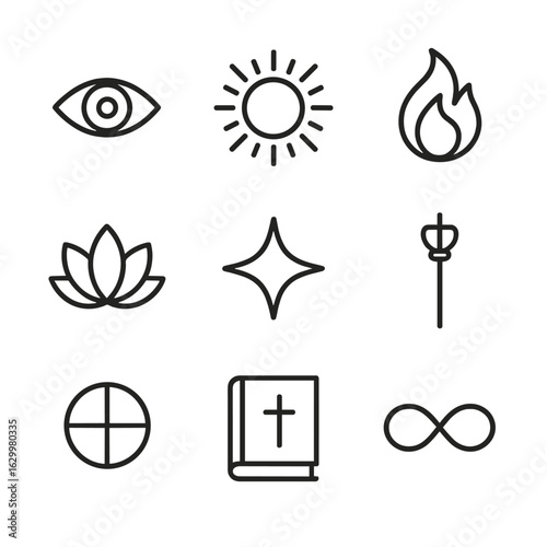 Divine Symbols Icon Set. Outline icon set of deity symbols: divine eye, radiant halo, spiritual flame, sacred lotus, cosmic star,