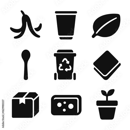 Biodegradable Icons Grid. Solid, filled icon set of biodegradable products: banana peel, paper cup, leaf plate, wooden spoon,