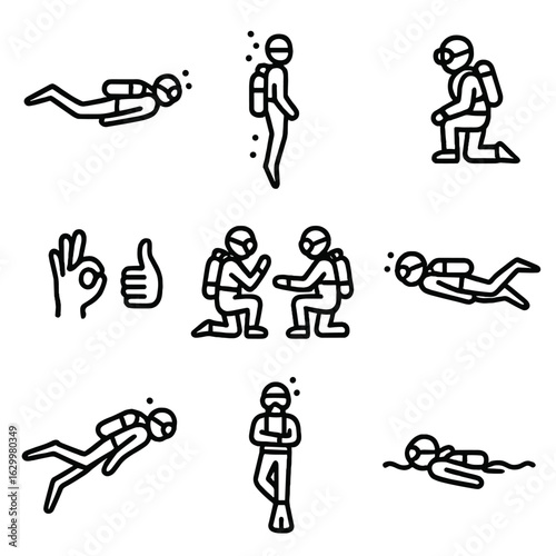 Diving Icons Set. Outline icon set of diving body positions: horizontal swim, vertical ascent, kneeling on seabed, hover, fin kick