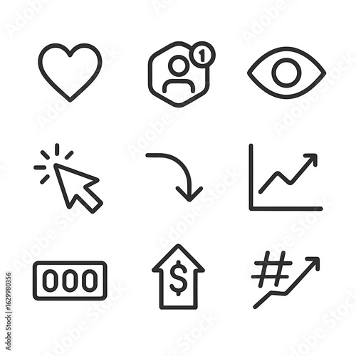 Campaign Analytics Icons. Outline icon set of campaign analytics and metrics: engagement heart, follower count badge, view eye,