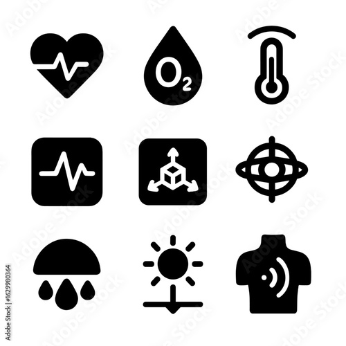 Biometric Sensor Icons. Solid, filled icon set of biometric sensors: pulse sensor, blood oxygen monitor, skin temperature sensor,