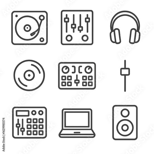 DJ Equipment Icons. Outline icon set of DJ equipment: turntable, mixer, headphones, vinyl record, DJ controller, fader, beat pad,
