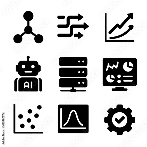 Business Forecast Icons. Solid, filled icons set of business forecasting: predictive model, data flow, trend