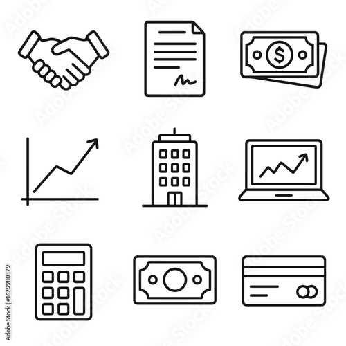 Business Finance Icons. Outline icon set of business finance: handshake, contract, dollar bills, chart with