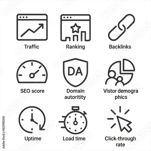 Domain Analytics Icons. Outline icon set of domain analytics: traffic, ranking, backlinks, SEO score, domain authority, visitor