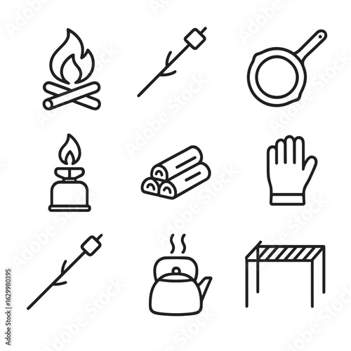 Campfire Gear Icons. Outline icon set of campfire and cooking gear: campfire pit, roasting stick, cast iron skillet, camping stove