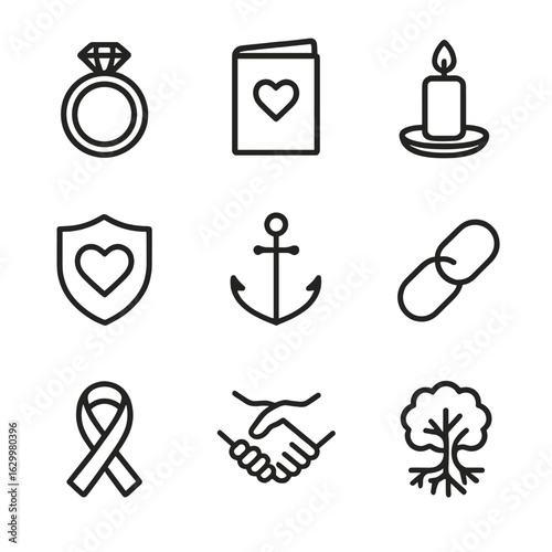 Commitment Icon Set. Outline icon set of commitment: engagement ring, vow book, candlelight, heart shield, anchor, chain, ribbon,