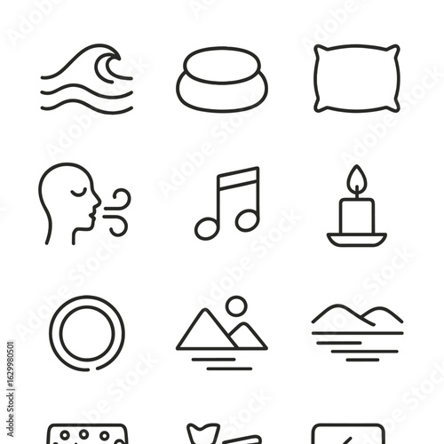 Dream and Sleep Icons. Outline icon set of dream relaxation: calming wave, meditation cushion, soft pillow, tea cup silhouette,