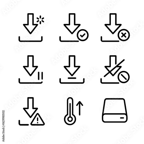 Download Icons Set. Outline icon set of download notifications: new download, download finished, download failed, download paused,