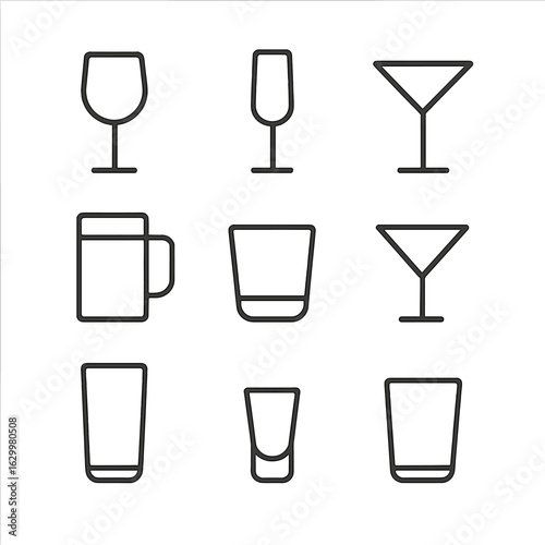 Drinking Glass Icon Set. Outline icon set of drinking glasses: wine glass, champagne flute, cocktail glass, beer mug, whiskey
