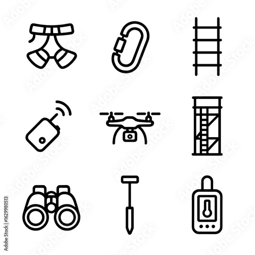 Canopy Research Tools Icons. Outline icon set of canopy research equipment: climbing harness, carabiner, rope ladder, telemetry