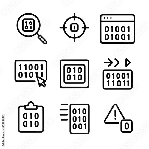 Bit-Level Debugging Icons. Outline icon set of bit-level debugging and analysis: bit inspector magnifier, breakpoint at bit,