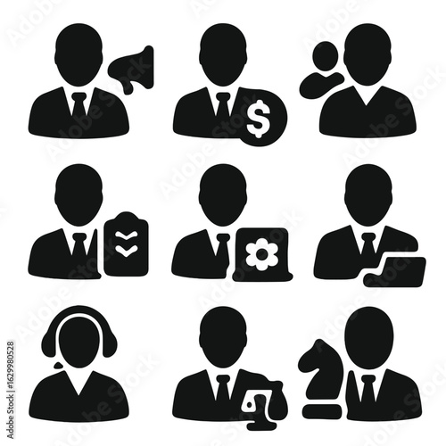 Business Roles Icons. Solid, filled icons set of business roles and functions: marketing specialist, financial