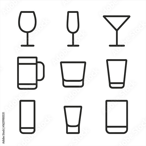 Drinking Glass Icon Set. Outline icon set of drinking glasses: wine glass, champagne flute, cocktail glass, beer mug, whiskey