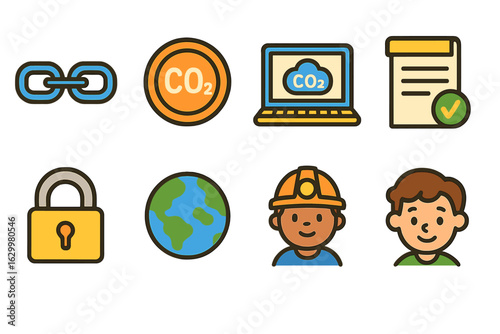 Carbon Blockchain Icons. Flat vector mini-illustrations blockchain for carbon trading in colors children's illustrations: