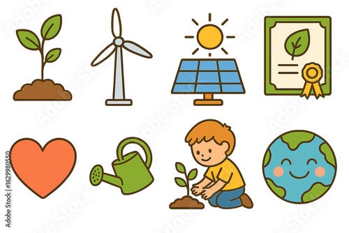 Carbon Offset Icons. Flat vector mini-illustrations voluntary carbon offset projects in colors children's illustrations: tree