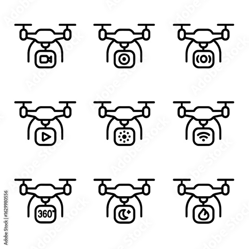Drone Camera Icons. Outline icon set of drone camera recording modes: video recording, photo capture, burst mode, slow motion,