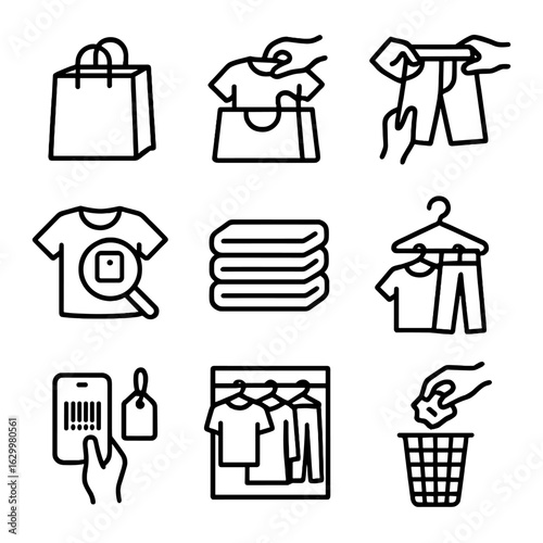 Clothing Unpacking Icons. Outline icon set of clothing unpacking: open delivery bag, remove shirt, unfold pants, check labels,