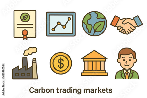 Carbon Trading Illustration. Flat vector mini-illustrations carbon trading markets overview in colors children's illustrations: