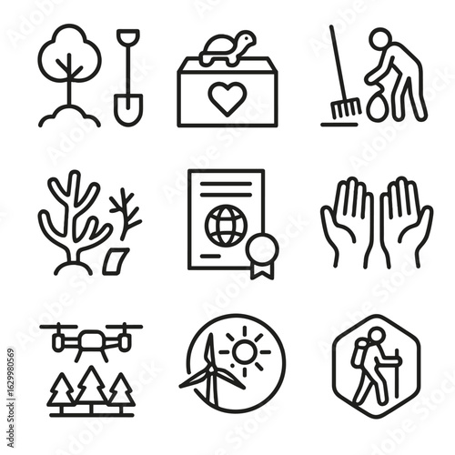 Carbon Offset Icons. Outline icon set of carbon offset and conservation actions: tree planting shovel, wildlife donation box,