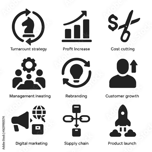 Business Strategy Icons. Solid, filled icons set of business turnaround: turnaround strategy, profit increase,