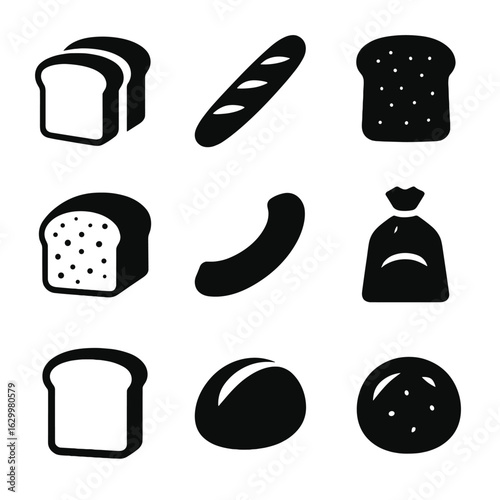 Black Bread Icons. Solid, filled icon set of homemade breadcrumb sources: sliced white bread, baguette, whole wheat slice,