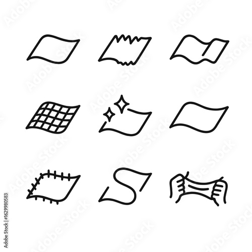 Cloth Texture Icons. Outline icon set of cloth textures: smooth, rough, soft, coarse, shiny, matte, fuzzy, silky, stretchy. Line