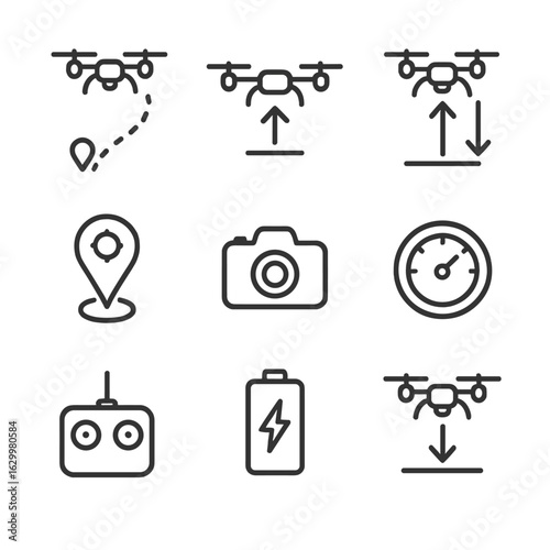 Drone Trajectory Icons. Outline icon set of trajectory of a drone: flight path, lift-off, altitude, GPS, camera, speed, control,