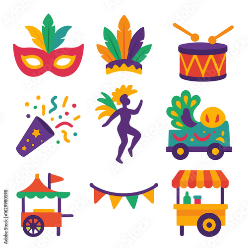 Carnival Parade Icons. Flat vector mini-illustrations vibrant carnival parade elements in colors children's illustrations: