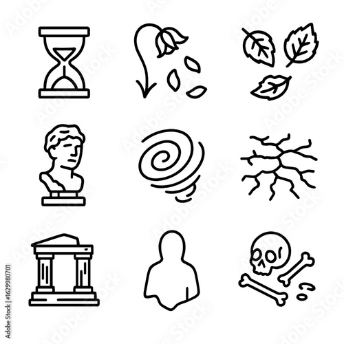 Dust to Dust Icons. Outline icon set of dust to dust: sand timer, dried flower petals, fallen leaves, eroded statue, dust cloud