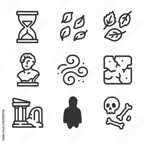 Dust to Dust Icons. Outline icon set of dust to dust: sand timer, dried flower petals, fallen leaves, eroded statue, dust cloud