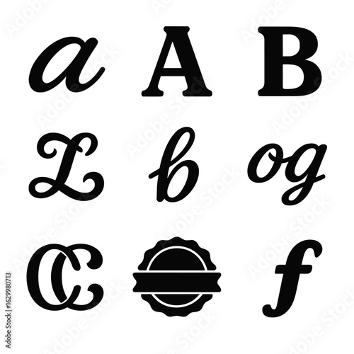 Calligraphy Icon Grid. Solid, filled icons set of calligraphy styles: cursive script, serif lettering, sans