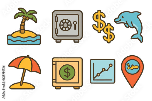 Cayman Islands Icons. Flat vector mini-illustrations Cayman Islands offshore finance in colors children's illustrations: palm