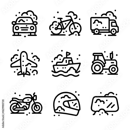 Dusty Vehicle Icon Set. Outline icon set of dusty vehicles: dusty car, dusty bike, dusty truck, dusty plane, dusty boat, dusty