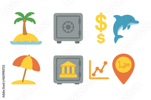Cayman Islands Icons. Flat vector mini-illustrations Cayman Islands offshore finance in colors children's illustrations: palm