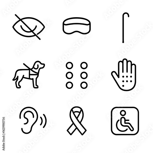 Blindness Icons. Outline icon set of blindness and accessibility: closed eye, blindfold, white cane, guide dog silhouette, braille