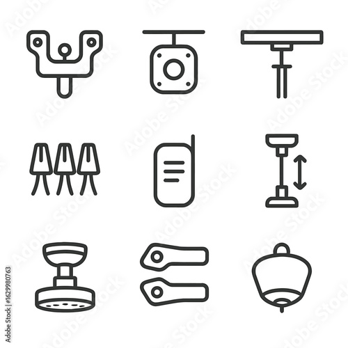 Ceiling Fan Icons. Outline icon set of ceiling fan installation steps: mounting bracket, electrical box, ceiling support beam,