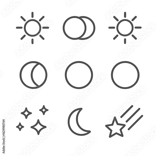 Celestial Icon Set. Outline icon set of celestial transitions: sun icon, partial eclipse circle, solar corona, planet silhouette,
