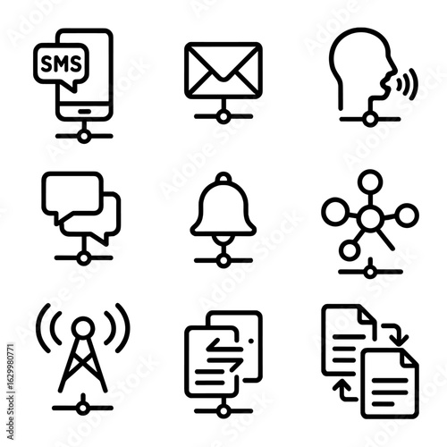 Communication Gateway Icons. Outline icon set of communication gateways: SMS gateway, email gateway, voice gateway, VoIP gateway,