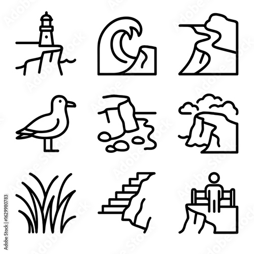 Coastal Cliff Icons. Outline icon set of coastal cliffs: lighthouse on cliff, crashing wave, cliff path, seagull, rocky beach,