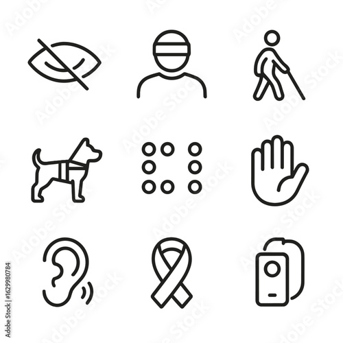 Blindness Icons. Outline icon set of blindness and accessibility: closed eye, blindfold, white cane, guide dog silhouette, braille