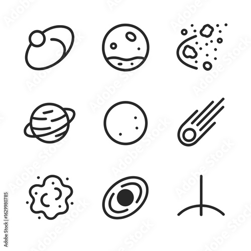 Celestial Icons Grid. Outline icon set of celestial destinations and phenomena: Mars orbit, lunar surface, asteroid belt, dwarf